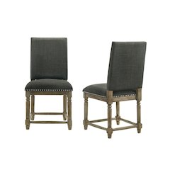 Set of 2 Dining Chairs, Gray Fabric, Nailhead Trim, Solid Wood Legs