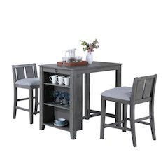 3-Piece Gray Finish Small Space Counter Height Dining Table with Shelves