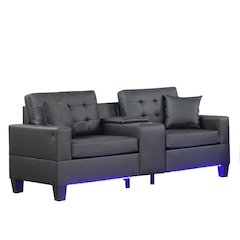 85"W Black PVC Fabric Sofa with LED Lights, USB Charger, Storage Console