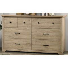 Elara 57"W Light Oak Finish 6-Drawer Dresser with Black Handles