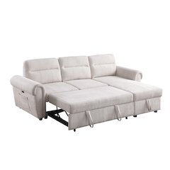 97"W Beige Chenille Reversible Sleeper Sectional Sofa Chaise with USB Charger