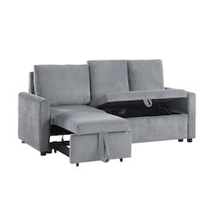 70"W Gray Corduroy Sofa with Pull-Out Chaise, Underseat Storage, Side Pocket