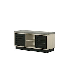 Brett 38.5"W Oak Finish Shoe Cabinet with Sliding Doors, Upholstered Top