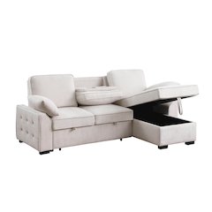 91"W Beige Chenille Fabric Reversible Sleeper Sectional with Storage Chaise