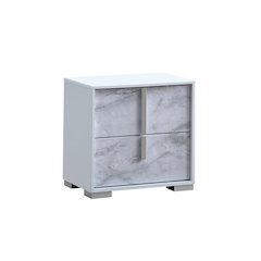 22" Wide 2-Drawer Nightstand, White Lacquered Gloss, White Faux Marble