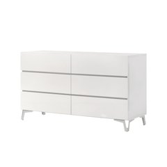 55" Wide 6-Drawer Double Dresser, Gloss Finish, Silver Accent Trim, Modern