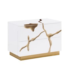Modern High-Gloss Lacquered Nightstand with Gold Crack Accents and Gold Base