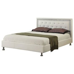Best Master Faux Leather Queen Platform Bed with Crystal Tufted Buttons in White