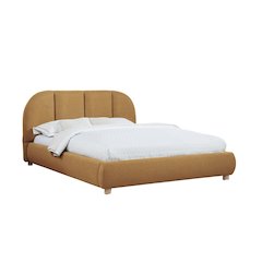 Ctasia Upholstered Burlap Fabric Low Profile Bed Frame, Queen, Golden Brown