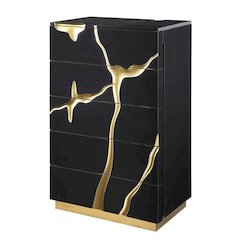 50" Tall Modern High Gloss Lacquered Drawer Chest with Gold Accent Cracks
