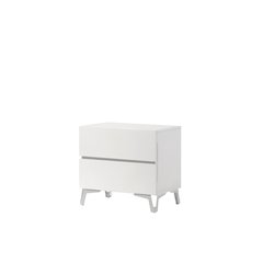 24" Wide 2-Drawer Nightstand, White Gloss Finish, Silver Accent Trim