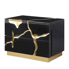 High-Gloss Lacquered Nightstand with Striking Gold Crack Accents and Gold Base