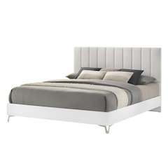 83" Queen Bed Frame, White Frame with Beige Padded Headboard, Channeled Polyeste