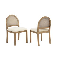 Dining Chairs French Country Brown Rattan Cane Back Beige Padded Fabric Seat