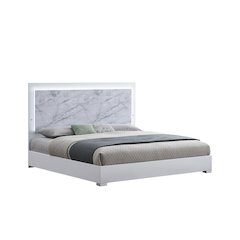 84.5" Eastern King Bed Frame, White Lacquered Gloss, LED Headboard