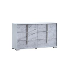 6-Drawer Double Dresser, White Lacquered Gloss, White Faux Marble Finish