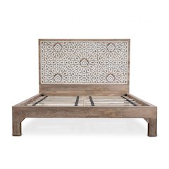 Haveli Geometric Carved King Bed in Natural White