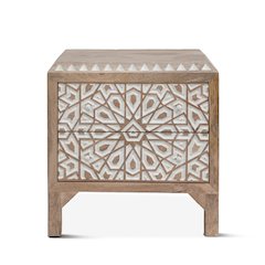 Haveli Geometric Carved Nightstand in Natural White