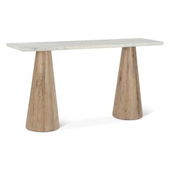Caldera Console Table with White Travertine and Light Oak Base