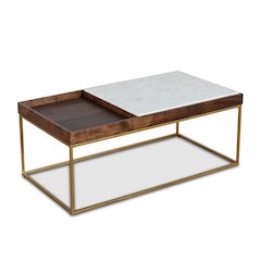 Aurora 45" Coffee Table in White Marble and Mango Wood with Walnut Finish