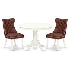 East West Furniture HLDA3-LWH-26 3 Piece Dining Room Furniture Set Includes a Round Kitchen Table with Pedestal and 2 Upholstered Parson Chairs, Small, Linen White