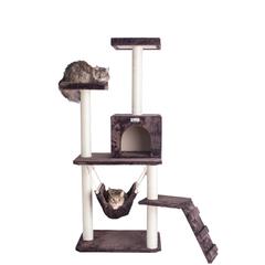 57-Inch Real Wood Cat Tree In Coffee Brown With Four Levels, Ramp