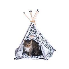 Cat Bed Teepee Style, White W/Black Paw Print