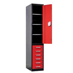 Fort Knox Locker - Half Height Door & 6 Drawers, 24"W x 24"D x 78"H, Black Body, Red Doors (textured), 1-Wide, All-Welded