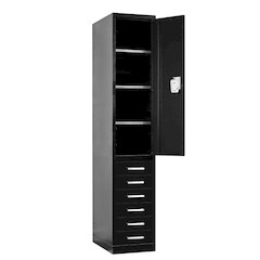 Fort Knox Locker - Half Height Door & 6 Drawers, 18"W x 24"D x 78"H, Black Body, Red Doors (textured), 1-Wide, All-Welded