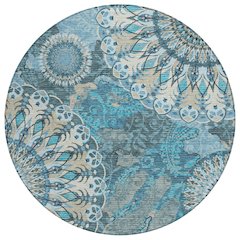 Machine Washable Indoor/Outdoor Chantille ACN2335 Teal 8' x 8' Round Rug