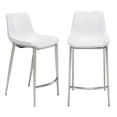 White Counter Chairs Set of 2 with Brushed Stainless Accents, Modern Design