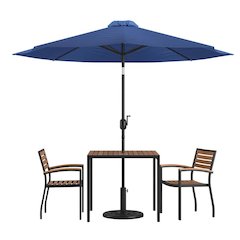 5 Piece Outdoor Patio Table Set with 2 Synthetic Teak Stackable Chairs, 35" Square Table, Navy Umbrella & Base
