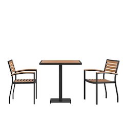 Indoor/Outdoor 3 Piece Patio Dining Table Set with 30" Square Faux Teak Table & 2 Stacking Club Chairs with Teak Accented Arms