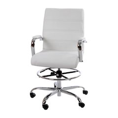 Mid-Back White LeatherSoft Drafting Chair with Adjustable Foot Ring and Chrome Base