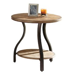 Modern End Table, Planked Oak Top, Sturdy Metal Base, Beige