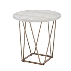 Faux Marble Top End Table, 24"H, Metal Base, Gray/White