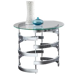 Contemporary End Table, Round Glass Top, Chrome Base, Gray