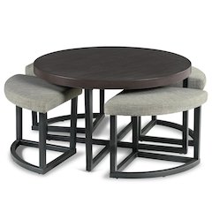 Round Coffee Table with Stools, Mindi Veneer, 5 Piece Set, Brown