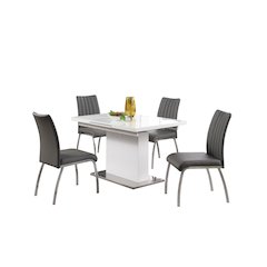 Pop-Up Extendable White Glass Dining Table & 4 Channel Back Side Chairs