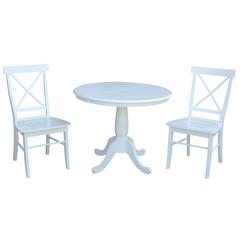 36" Round Extension Dining Table With 2 X-Back Chairs, White