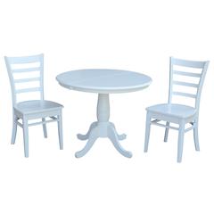 36" Round Extension Dining Table With 2 Emily Chairs, White