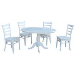 36" Round Extension Dining Table With 4 Emily Chairs, White