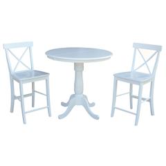 36" Round Extension Dining Table 36"H With 2 X-Back Counter height Stools, White