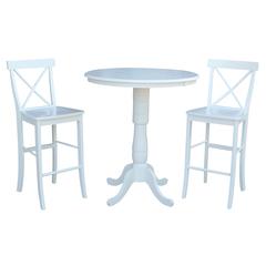 36" Round Extension Dining Table 40.9"H With 2 X-Back Bar height Stools, White