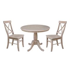 36" Round Top Pedestal Table with Two Chairs, Weathered Grey
