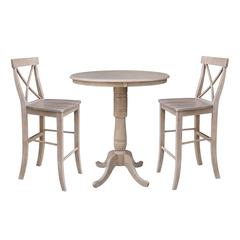 36" Round Pedestal Bar Height Table with Two Bar Height Stools, Weathered Grey