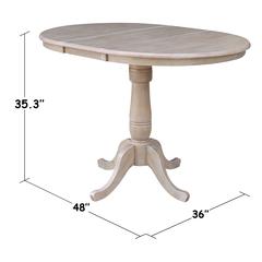 36" Round Top Pedestal Table With 12" Leaf - 34.9"H - Dining or Counter Height, Washed Gray Taupe