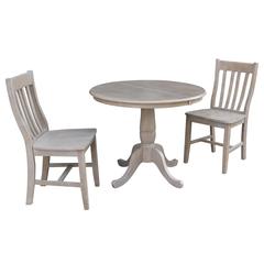36" Round Extension Dining Table With 2 Cafe Chairs, Washed Gray Taupe