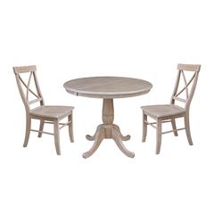 36" Round Extension Dining Table with Two Chairs, Washed Gray Taupe, Washed Gray Taupe