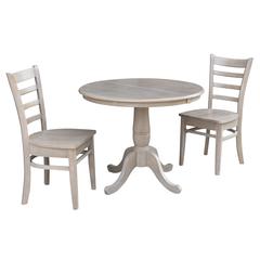 36" Round Extension Dining Table With 2 Emily Chairs, Washed Gray Taupe